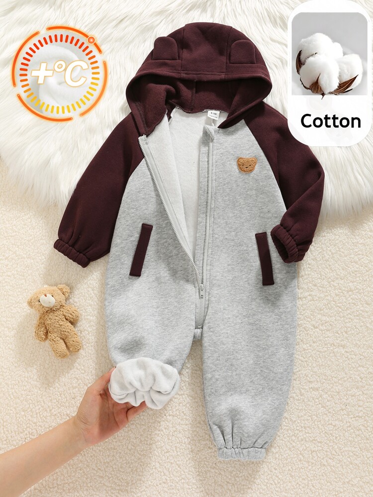 SHEIN Newborn Baby Boy Baby Girl Autumn/Winter Casual Colorblock Thermal Lined Bear Design Hooded Jumpsuit Unisex Baby Clothes Baby Winter Clothes Halloween Baby - Grey - View 3