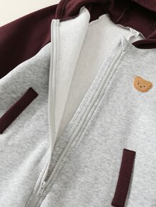 SHEIN 新生兒男嬰女嬰秋冬休閒拼色保暖內裡熊圖案連帽連身衣 中性嬰兒服 冬季嬰兒衣 萬聖節嬰兒裝 - 灰色 - 查看 6