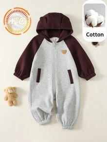 SHEIN 新生兒男嬰女嬰秋冬休閒拼色保暖內裡熊圖案連帽連身衣 中性嬰兒服 冬季嬰兒衣 萬聖節嬰兒裝 - 灰色 - 查看 1