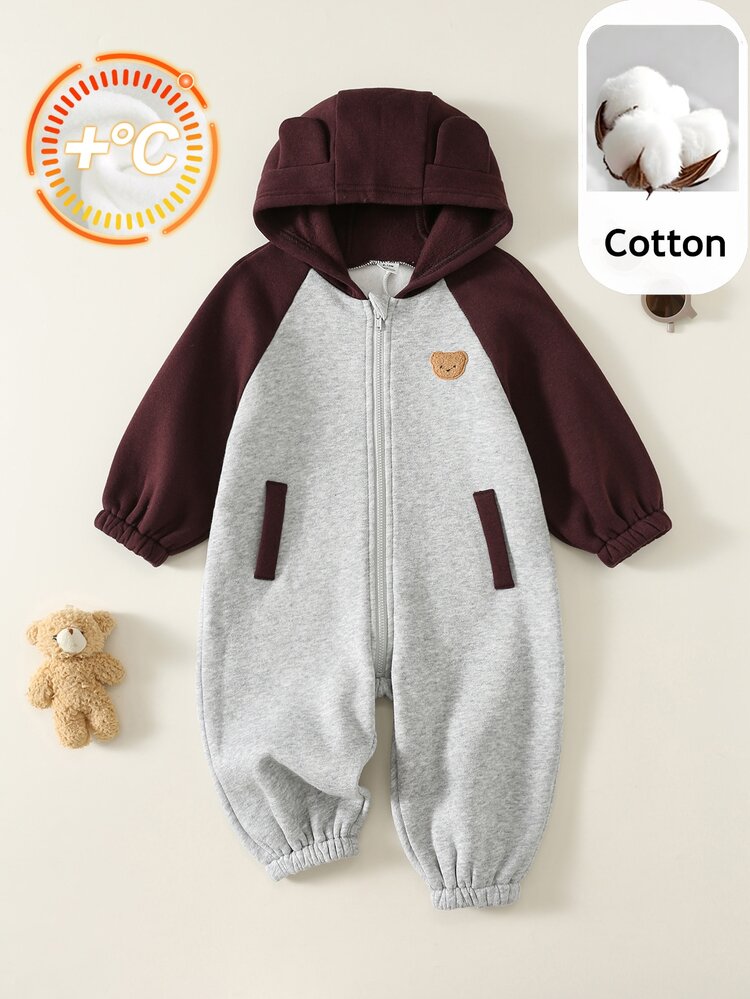 SHEIN Newborn Baby Boy Baby Girl Autumn/Winter Casual Colorblock Thermal Lined Bear Design Hooded Jumpsuit Unisex Baby Clothes Baby Winter Clothes Halloween Baby - Grey - View 1