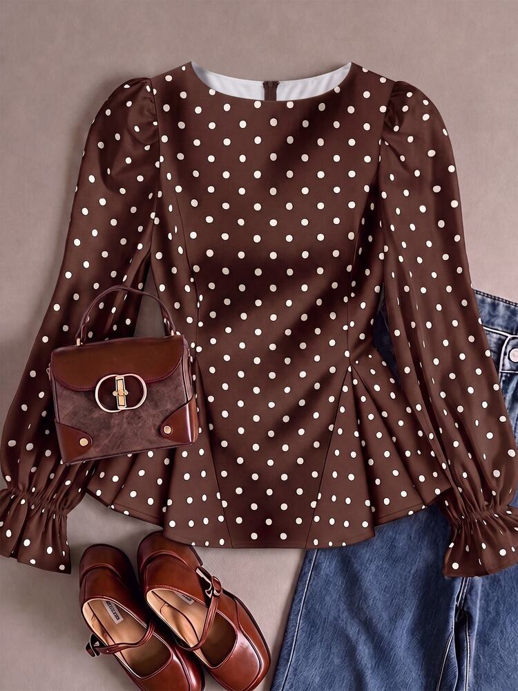 SHEIN Teen Girl Elegant Vintage Petal Sleeve Polka Dot Print Blouse - Brown - View 4
