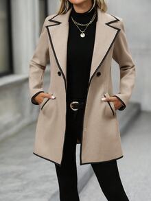 EMERY ROSE Mantel Wanita Musim Gugur/Dingin dengan Trim Kontras, Cocok untuk Kantor Bisnis, Warna Hitam, Kasual, Elegan, dan Rapi. - Khaki - View 4