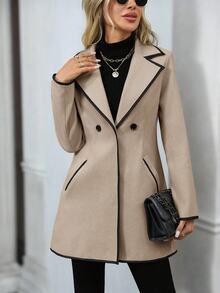 EMERY ROSE Mantel Wanita Musim Gugur/Dingin dengan Trim Kontras, Cocok untuk Kantor Bisnis, Warna Hitam, Kasual, Elegan, dan Rapi. - Khaki - View 8