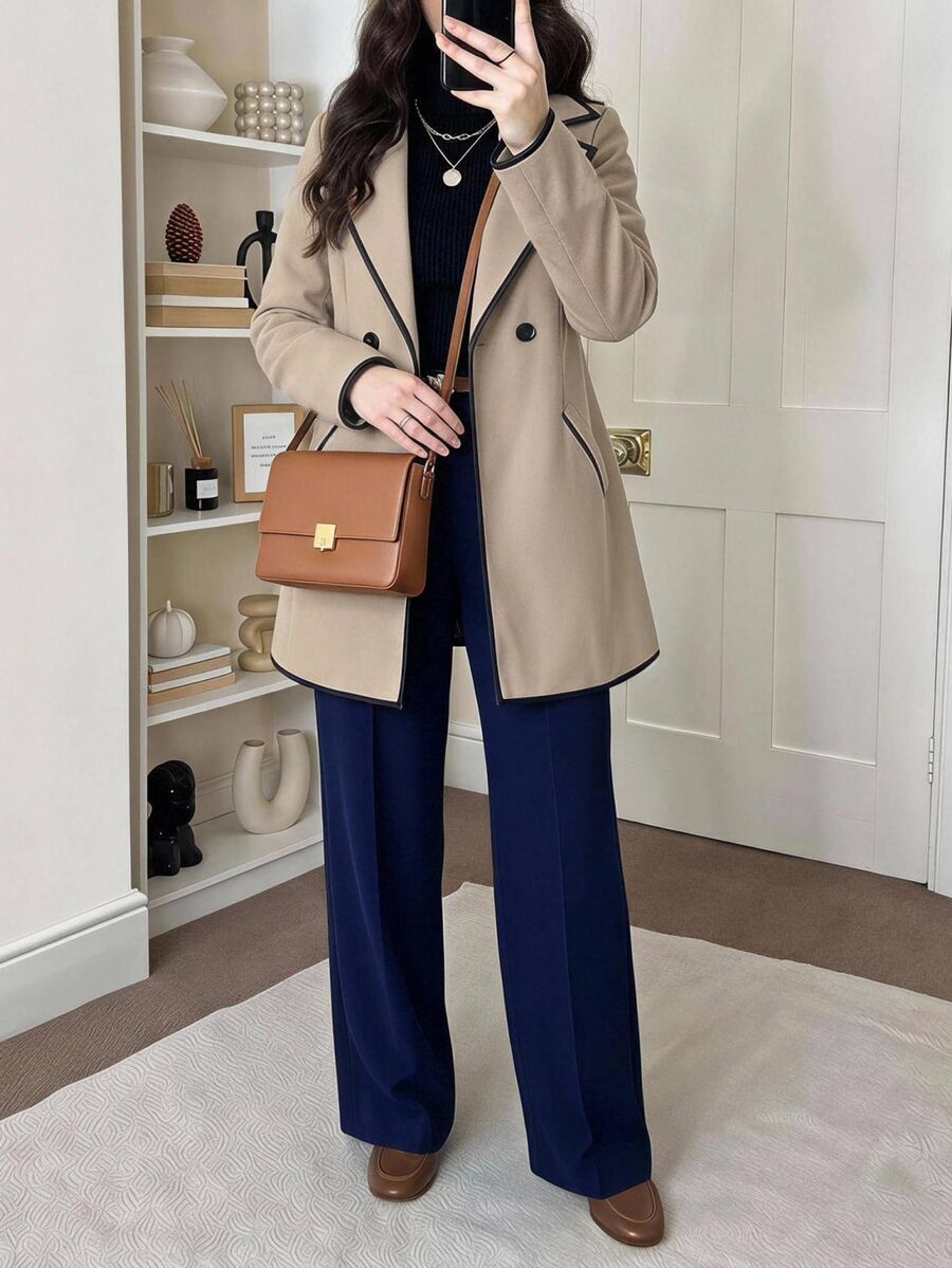 EMERY ROSE Mantel Wanita Musim Gugur/Dingin dengan Trim Kontras, Cocok untuk Kantor Bisnis, Warna Hitam, Kasual, Elegan, dan Rapi. - Khaki - View 1