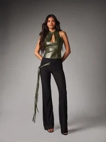 MISSGUIDED Faux Leather Halter Top With Keyhole Cutout And Mock Neck Button Detail Sleeveless Fitted Corset Style Party Night Out Top - Army Green - View 4