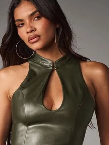 MISSGUIDED Faux Leather Halter Top With Keyhole Cutout And Mock Neck Button Detail Sleeveless Fitted Corset Style Party Night Out Top - Army Green - View 3