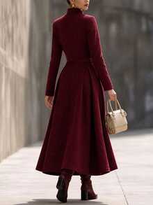 Balvessa Setelan 2 Potong Wanita Elegan Bergaya Vintage: Jaket Lengan Panjang Berkancing dan Rok A-Line Berlipit, Cocok untuk Makan Malam, Kantor, Warna Burgundy, Musim Gugur - Burgundy - View 2