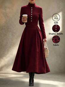 Balvessa Setelan 2 Potong Wanita Elegan Bergaya Vintage: Jaket Lengan Panjang Berkancing dan Rok A-Line Berlipit, Cocok untuk Makan Malam, Kantor, Warna Burgundy, Musim Gugur - Burgundy - View 1