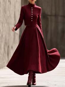 Balvessa Setelan 2 Potong Wanita Elegan Bergaya Vintage: Jaket Lengan Panjang Berkancing dan Rok A-Line Berlipit, Cocok untuk Makan Malam, Kantor, Warna Burgundy, Musim Gugur - Burgundy - View 8