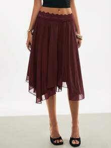 Poéselle Women's Elegant Solid Color Lace Patchwork Asymmetrical Hem Skirt - Burgundy - View 8
