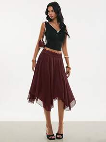 Poéselle Women's Elegant Solid Color Lace Patchwork Asymmetrical Hem Skirt - Burgundy - View 6