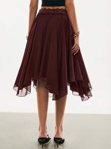 Poéselle Women's Elegant Solid Color Lace Patchwork Asymmetrical Hem Skirt - Burgundy - View 2