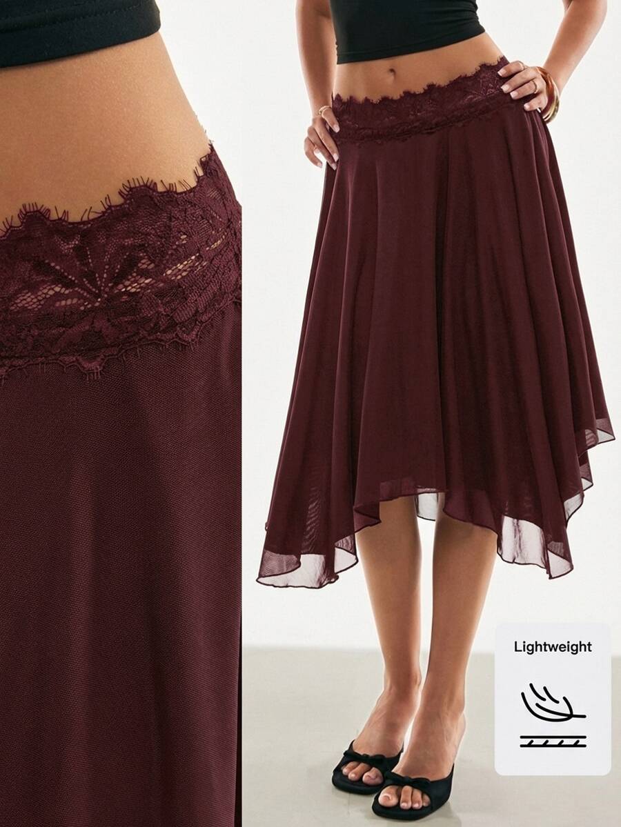 Poéselle Women's Elegant Solid Color Lace Patchwork Asymmetrical Hem Skirt - Burgundy - View 1