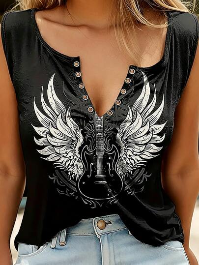 Selamara Women'S Sleeveless Tank Top For Summer With Angel Wings & Guitar Print Graphic Tees Women Tops