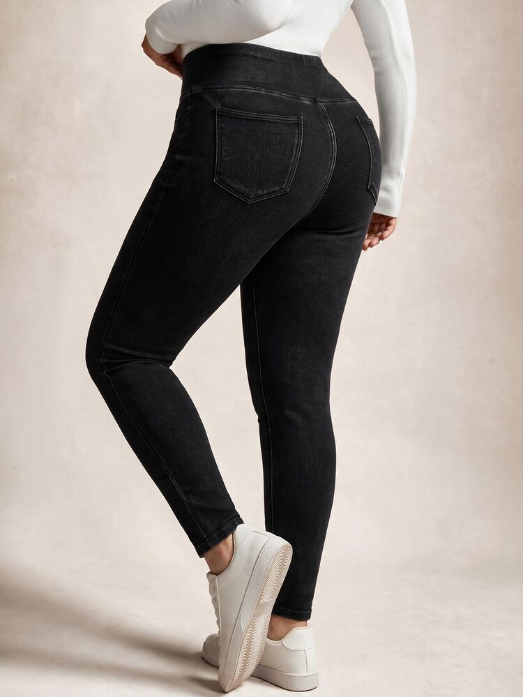 SHEIN ICON Plus Size Fall Winter Warm Fleece-Lined Minimalist Versatile Criss-Cross Waist Denim Jeans Knitted Denim - Black - View 2