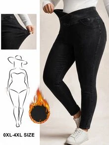 SHEIN ICON 大尺碼秋冬保暖抓絨內裡極簡休閒寬鬆百搭交叉腰牛仔褲 針織牛仔度假風黑色 - 黑色 - 查看 1