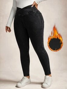 SHEIN ICON 大尺碼秋冬保暖抓絨內裡極簡休閒寬鬆百搭交叉腰牛仔褲 針織牛仔度假風黑色 - 黑色 - 查看 3