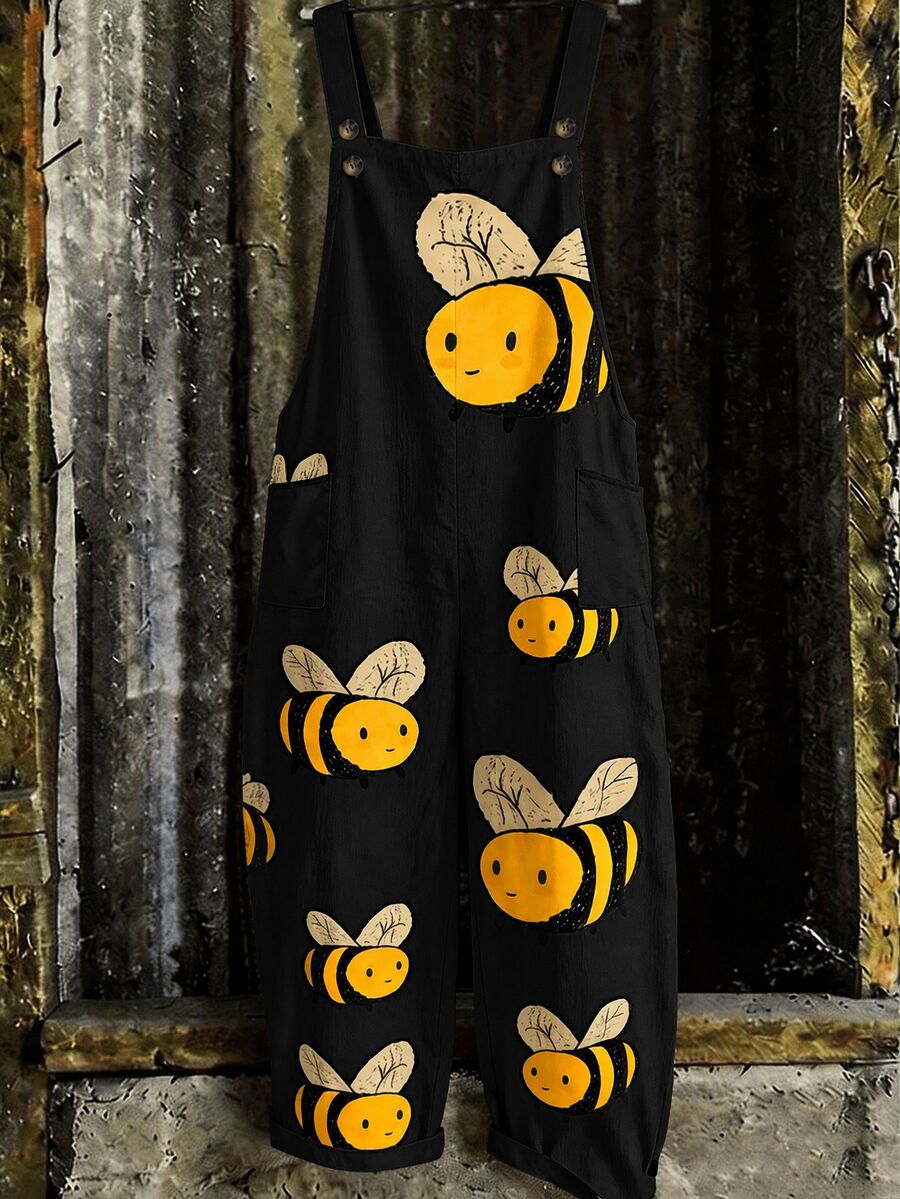 SHEIN 大尺碼簡約休閒百搭印花女款連身褲 - 黑色 - 查看 1