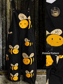 SHEIN 大尺碼簡約休閒百搭印花女款連身褲 - 黑色 - 查看 3