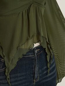 SHEIN ICON 女款大尺碼網紗喇叭袖不對稱下擺時尚上衣 - 軍綠色 - 查看 10
