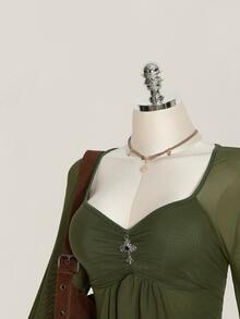 SHEIN ICON 女款大尺碼網紗喇叭袖不對稱下擺時尚上衣 - 軍綠色 - 查看 5