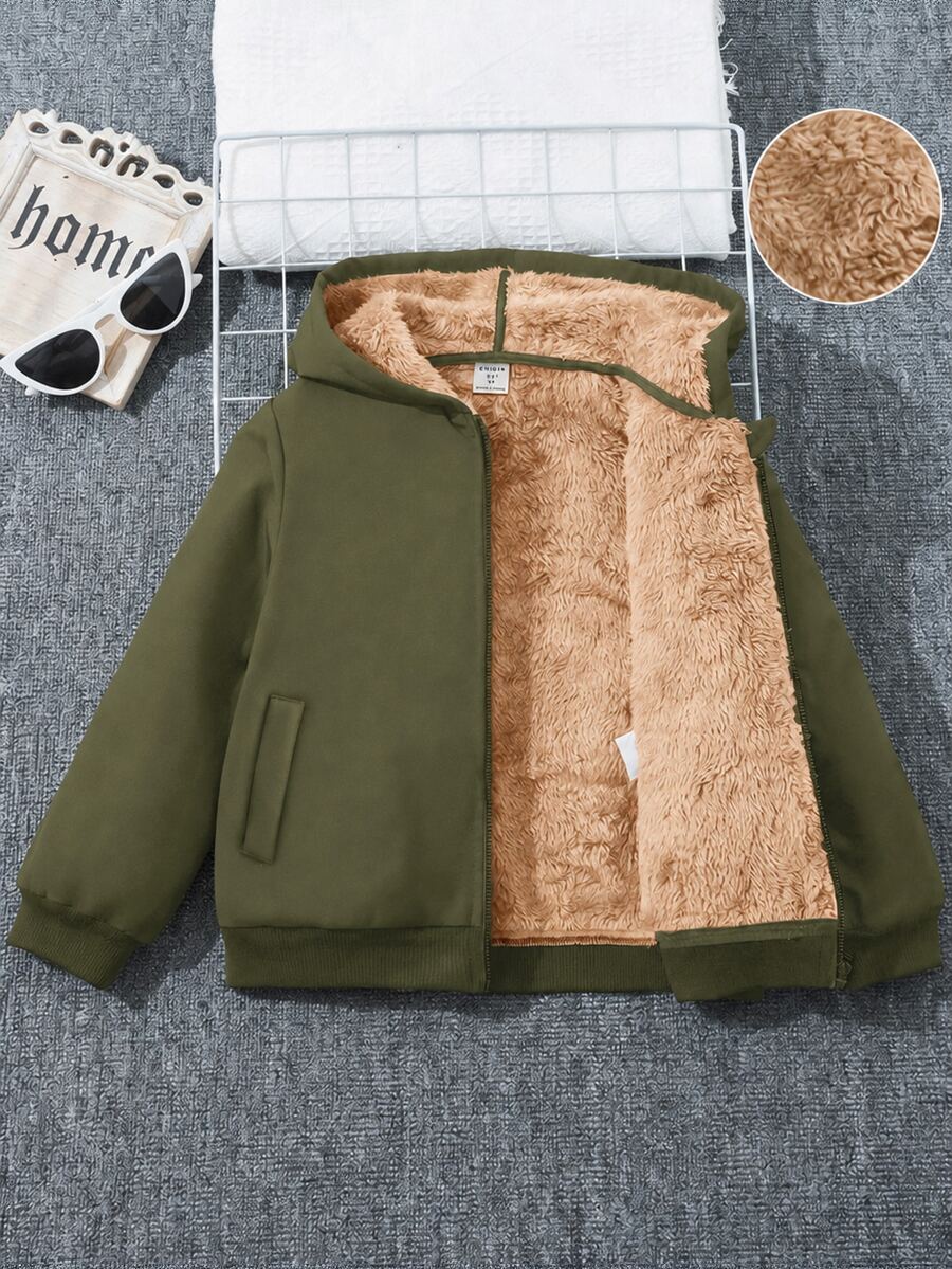 SHEIN 兒童青少年男孩休閒保暖內裡加厚寬鬆連帽夾克,冬季外套,男孩服飾,基礎上衣,適合秋季、冬季、校園穿著 - 軍綠色 - 查看 1