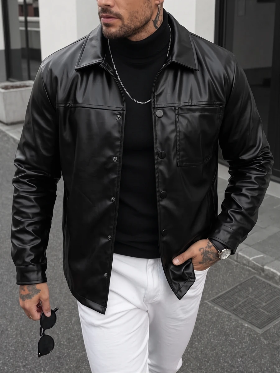 Manfinity CasualCool Men's Long-Sleeve PU Pocket Jacket, Suitable For Autumn And Winter - Black - View 1