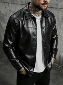 Manfinity CasualCool Men's Long-Sleeve PU Pocket Jacket, Suitable For Autumn And Winter - Black - View 7