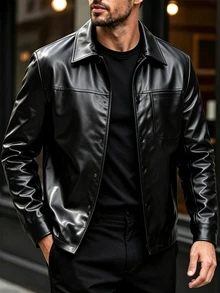Manfinity CasualCool Men's Long-Sleeve PU Pocket Jacket, Suitable For Autumn And Winter - Black - View 6