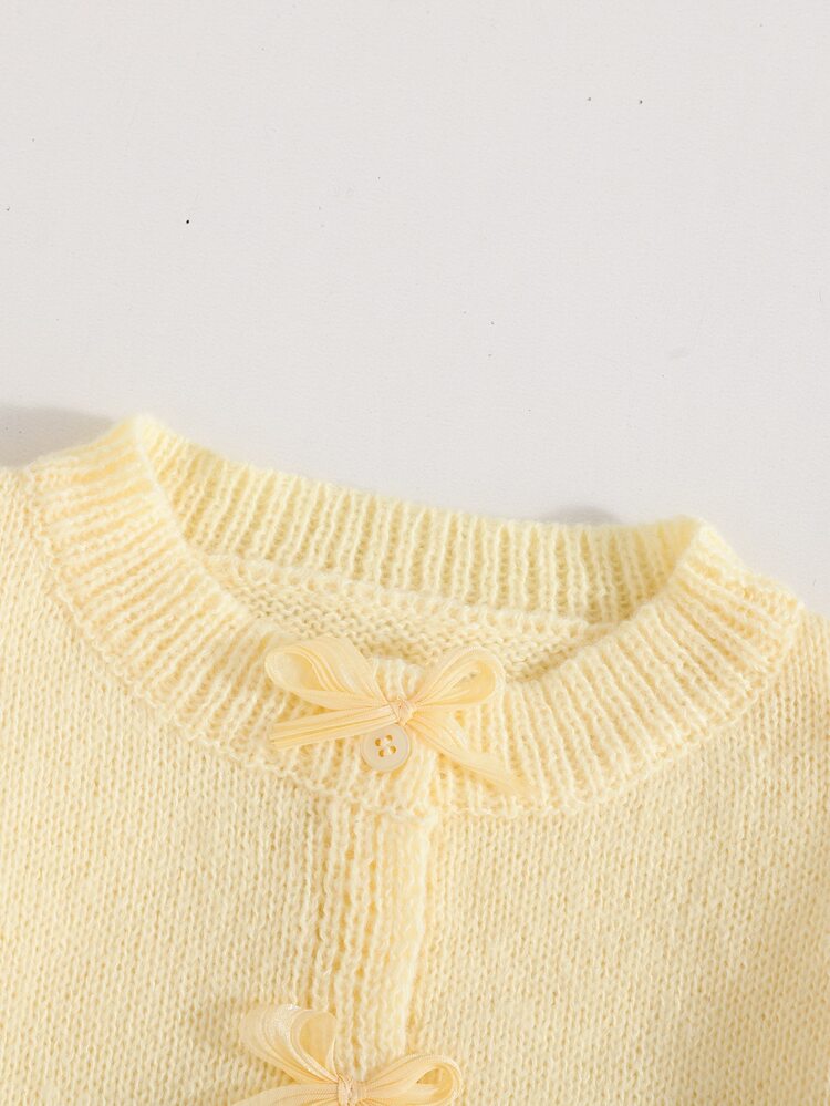 SHEIN Girls' Autumn/Winter Fashion Handmade Bow Knitted Sweater Long Sleeve Cardigan - Yellow - View 3