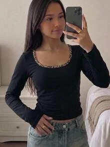 SHEIN 兒童青少年女孩秋冬簡約豹紋拼色長袖上衣 - 黑色 - 查看 6