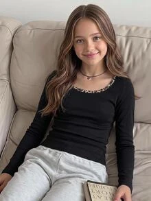 SHEIN 兒童青少年女孩秋冬簡約豹紋拼色長袖上衣 - 黑色 - 查看 7