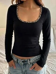 SHEIN 兒童青少年女孩秋冬簡約豹紋拼色長袖上衣 - 黑色 - 查看 4
