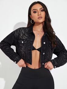 Jeanoix Y2K Women's Outdoor All-Season Fashion Zebra Print Multi-Pocket Frayed Hem Black Denim Jacket - Black - View 6