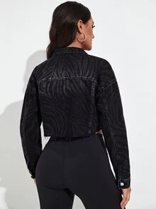 Jeanoix Y2K Women's Outdoor All-Season Fashion Zebra Print Multi-Pocket Frayed Hem Black Denim Jacket - Black - View 2