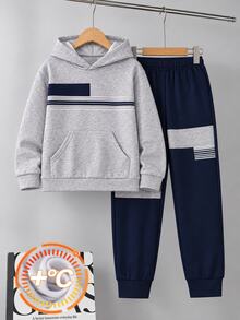SHEIN 男童連帽衛衣與慢跑褲2件套，灰色與海軍藍拼接口袋連帽衫配收口運動褲，青少年男孩休閒運動套裝，保暖內裡，戶外穿著童裝 - 彩色 - 查看 3