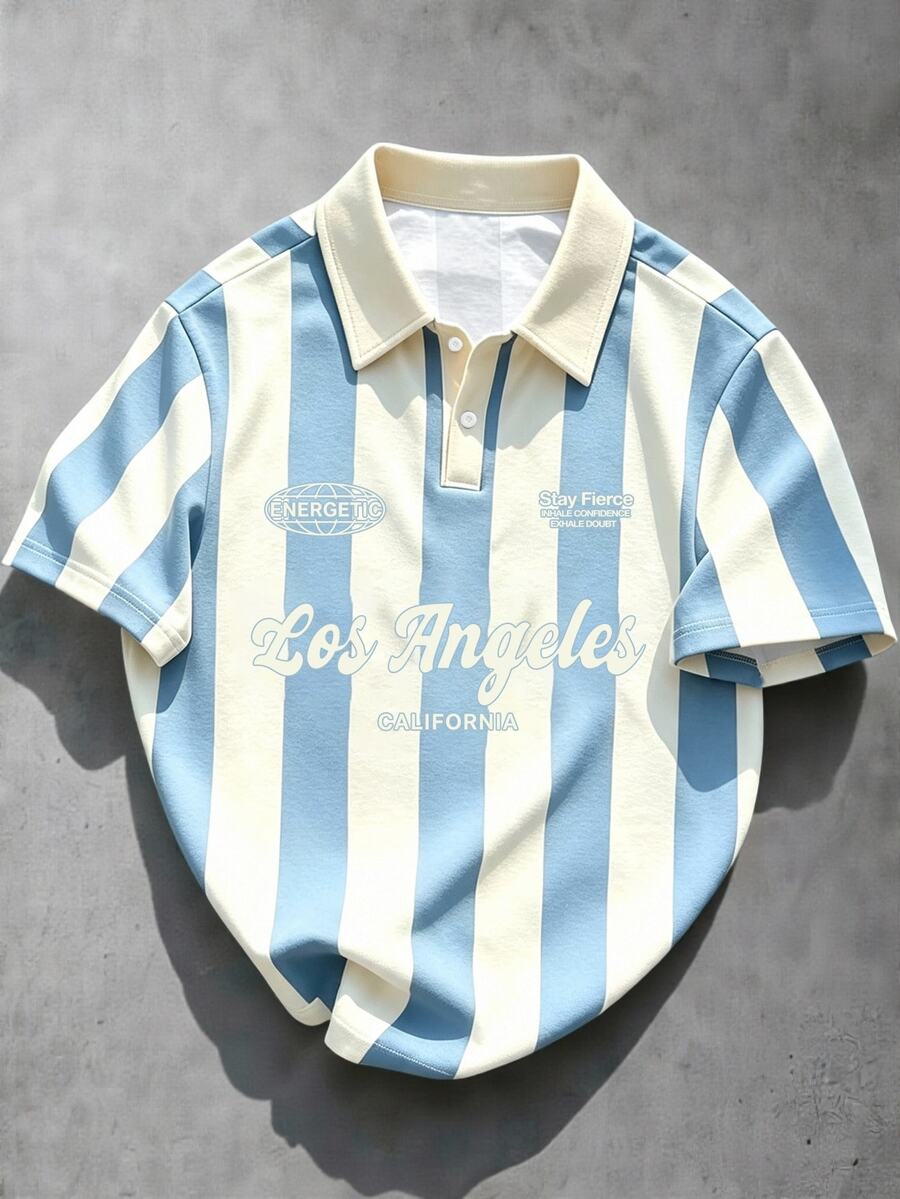 Manfinity EMRG 男士條紋拼接字母印花休閒日常短袖 Polo 衫 - 彩色 - 查看 1