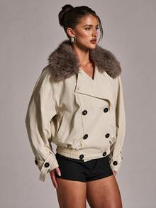 SHEIN BAE Ivory White Woven Cropped Jacket With Detachable Faux Fur Collar, Double Breasted Flap Pockets Elasticated Hem, Weekend Brunch Fall Winter Coat - White - View 7