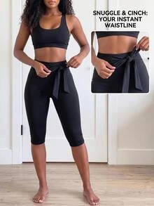 SHEIN Core Rhythm Plus Size Women's One-Piece Solid Color Sports Leggings With Drawstring Waistband & Long Pants - Black - View 1