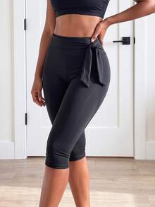 SHEIN Core Rhythm Plus Size Women's One-Piece Solid Color Sports Leggings With Drawstring Waistband & Long Pants - Black - View 3