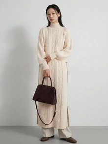 FRIFUL Solid High Neck Slit Hem Cable Knit Sweater Dress - Apricot - View 13