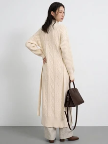FRIFUL Solid High Neck Slit Hem Cable Knit Sweater Dress - Apricot - View 9