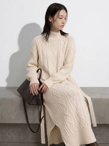 FRIFUL Solid High Neck Slit Hem Cable Knit Sweater Dress - Apricot - View 8
