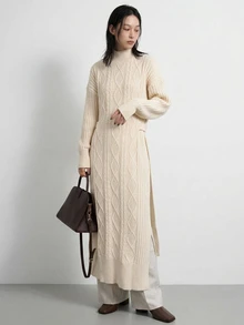 FRIFUL Solid High Neck Slit Hem Cable Knit Sweater Dress - Apricot - View 15