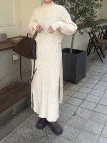 FRIFUL Solid High Neck Slit Hem Cable Knit Sweater Dress - Apricot - View 18