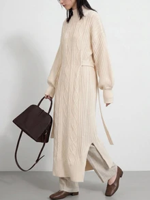 FRIFUL Solid High Neck Slit Hem Cable Knit Sweater Dress - Apricot - View 16