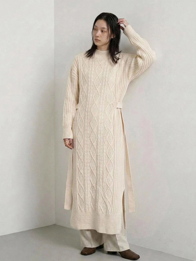 FRIFUL Solid High Neck Slit Hem Cable Knit Sweater Dress - Apricot - View 12