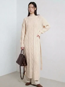 FRIFUL Solid High Neck Slit Hem Cable Knit Sweater Dress - Apricot - View 11