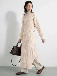 FRIFUL Solid High Neck Slit Hem Cable Knit Sweater Dress - Apricot - View 14