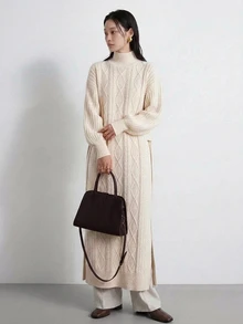 FRIFUL Solid High Neck Slit Hem Cable Knit Sweater Dress - Apricot - View 10
